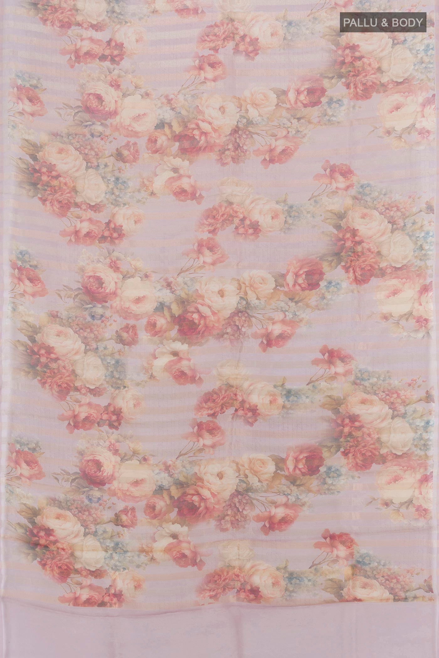 Flat view of Lavender Organza Silk Saree with Floral Print on the body and Without Border. 
