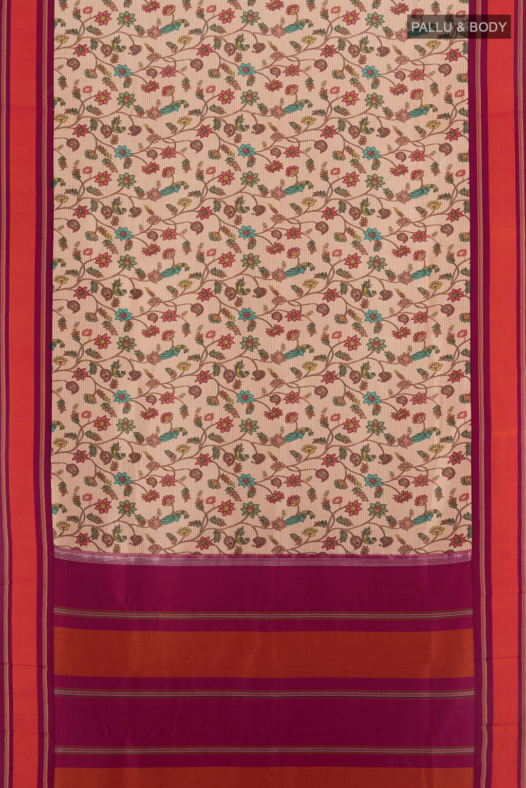 Flat view of Sandal Printed Silk Saree with Floral Print on the body and Plain Border. 