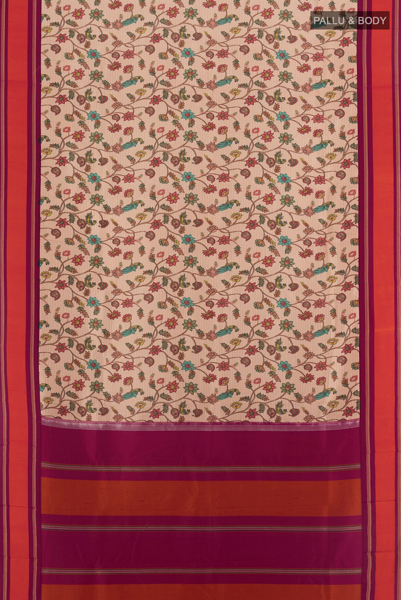 Flat view of Sandal Printed Silk Saree with Floral Print on the body and Plain Border. 