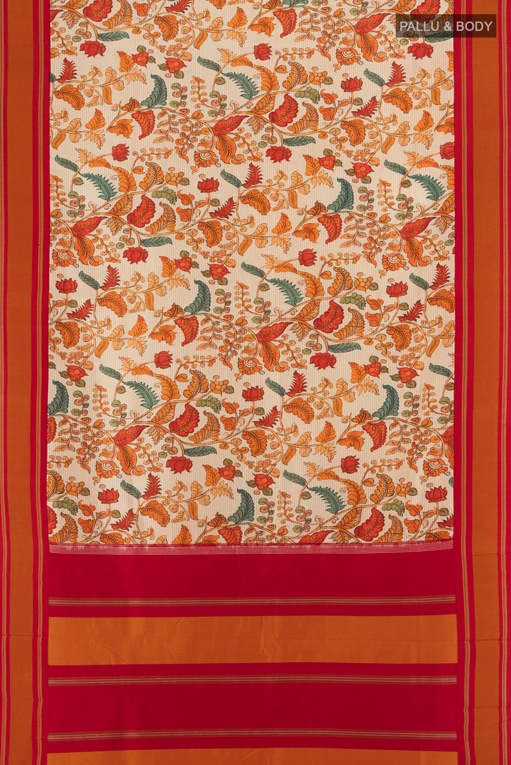 Flat view of Beige Printed Silk Saree with Floral Print on the body and Plain Border. 
