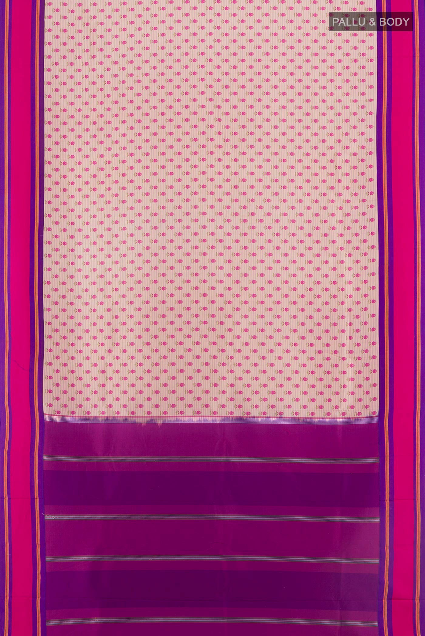 Flat view of Rose Gold Kanchipuram Silk Saree with Floral Print on the body and Plain Border. 