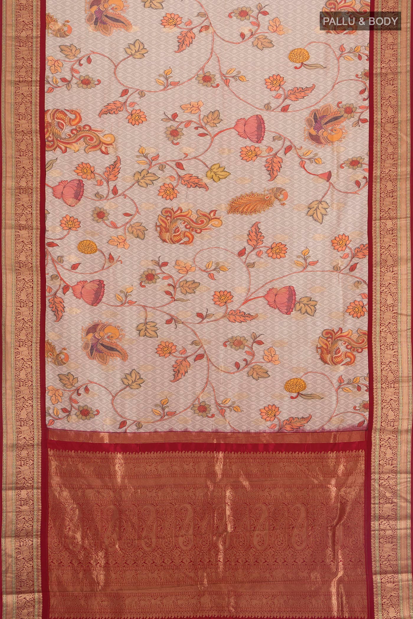 Flat view of Beige Bangalore Silk Saree with Floral Print on the body and Zari Border. 
