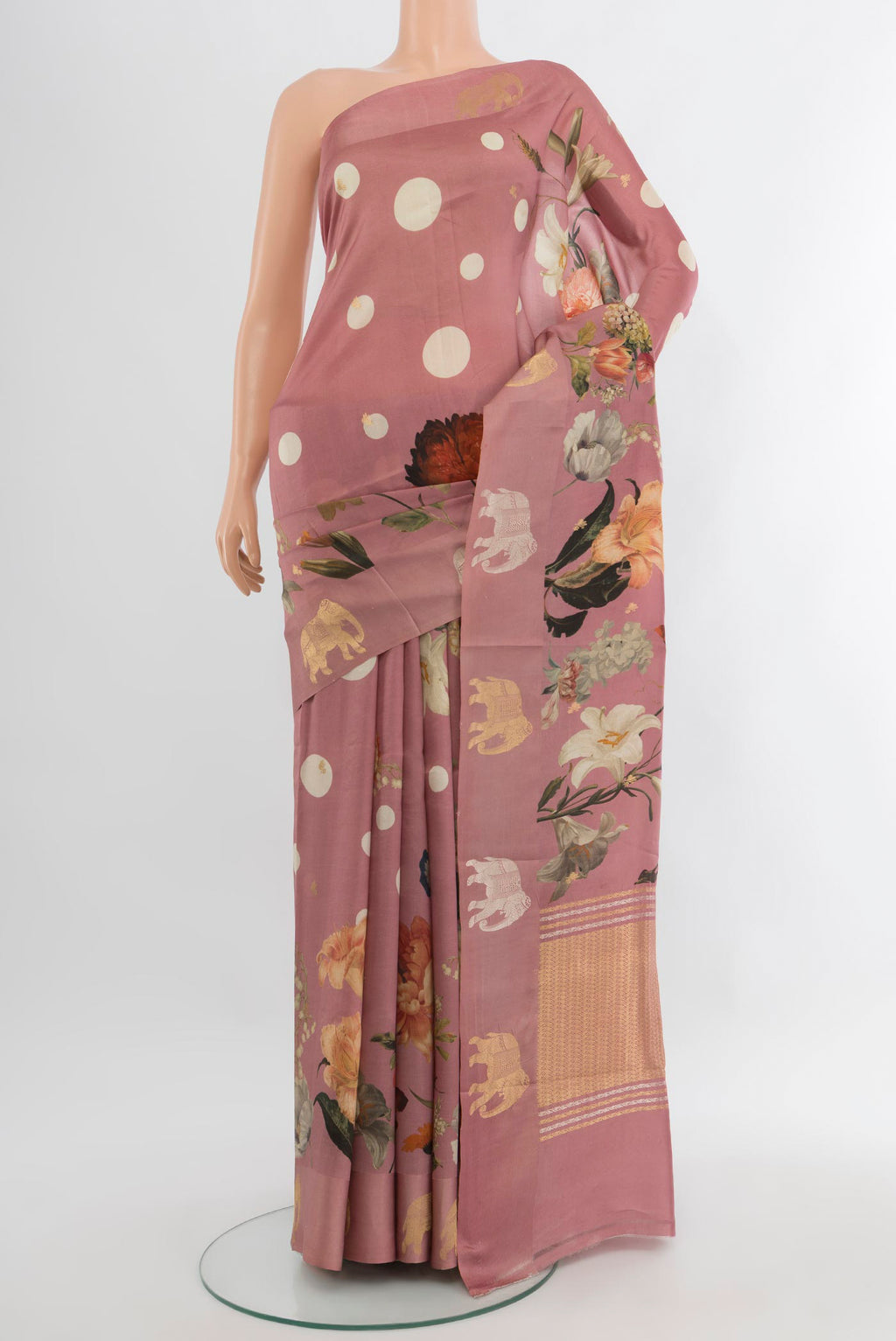 Mauve Banarasi Katan Silk Saree with Floral Print on the body and Fancy Border.  displayed on a mannequin