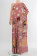 Mauve Banarasi Katan Silk Saree with Floral Print on the body and Fancy Border.  displayed on a mannequin