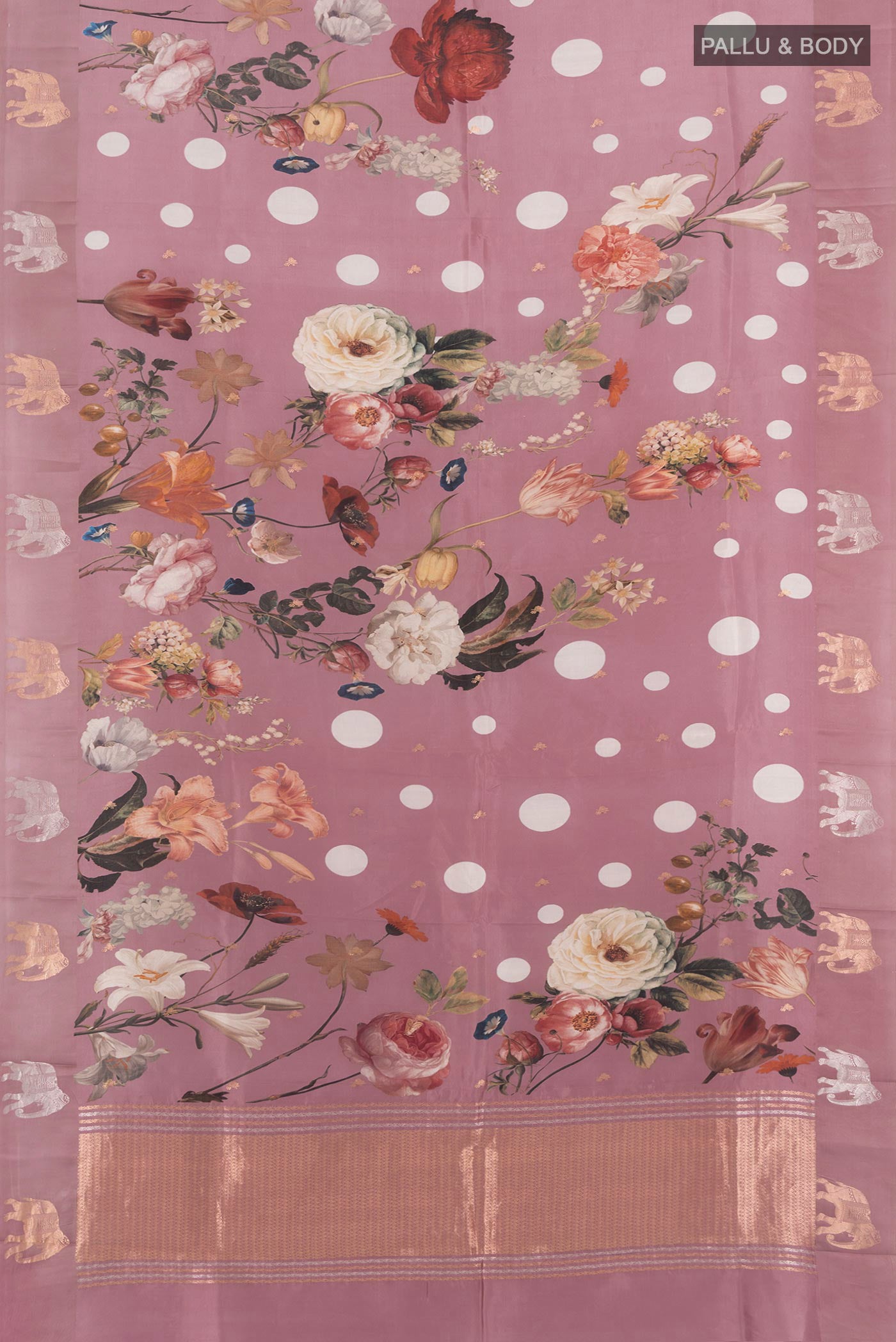 Flat view of Mauve Banarasi Katan Silk Saree with Floral Print on the body and Fancy Border. 