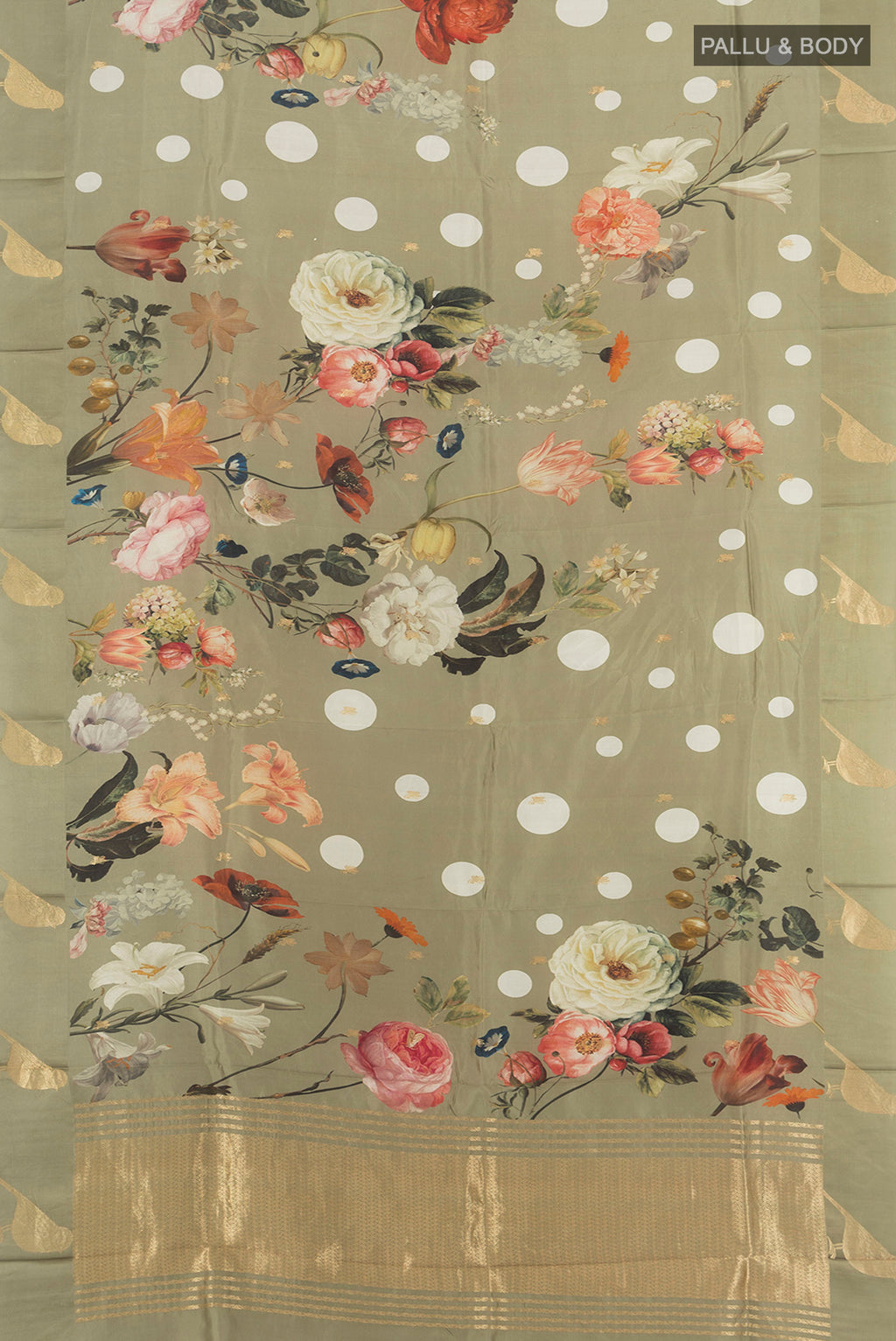 Flat view of Sage Green Tussar Silk Saree with Floral Print on the body and Fancy Border. 
