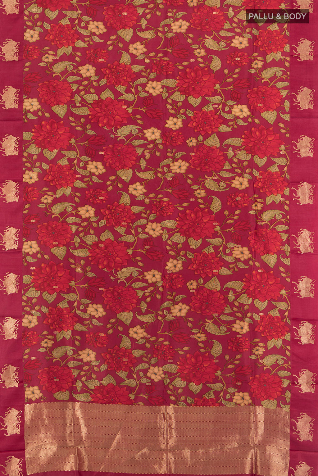 Flat view of Maroon Banarasi Katan Silk Saree with Floral Print on the body and Fancy Border. 