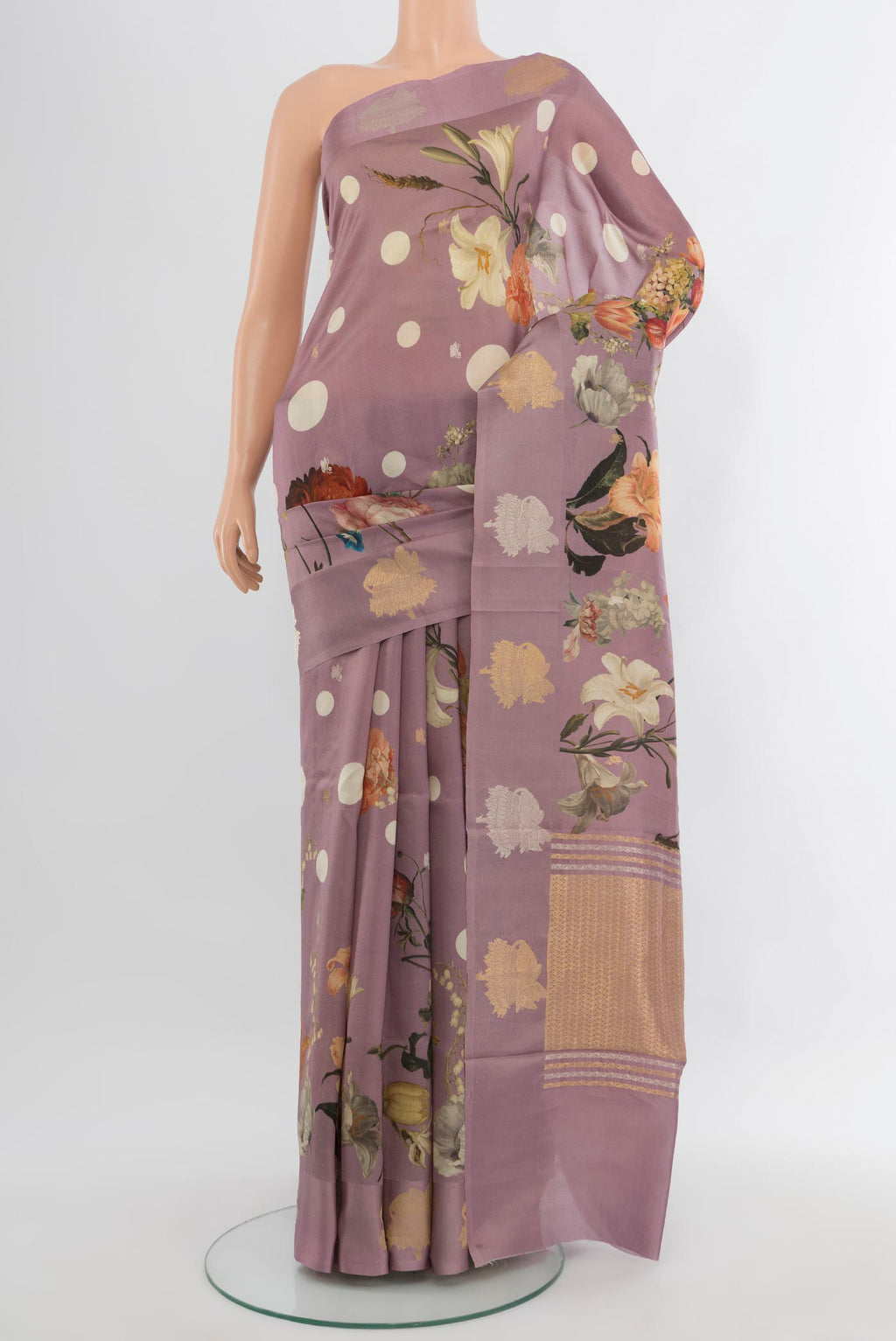 Lavender Banarasi Katan Silk Saree with Floral Print on the body and Fancy Border.  displayed on a mannequin