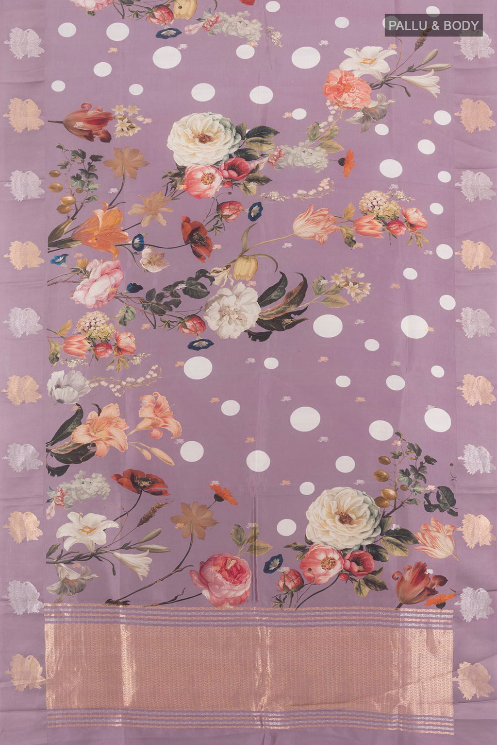Flat view of Lavender Banarasi Katan Silk Saree with Floral Print on the body and Fancy Border. 