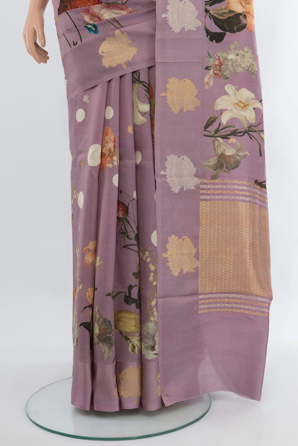 Pleats and pallu of Lavender Banarasi Katan Silk Saree with Floral Print on the body and Fancy Border. 