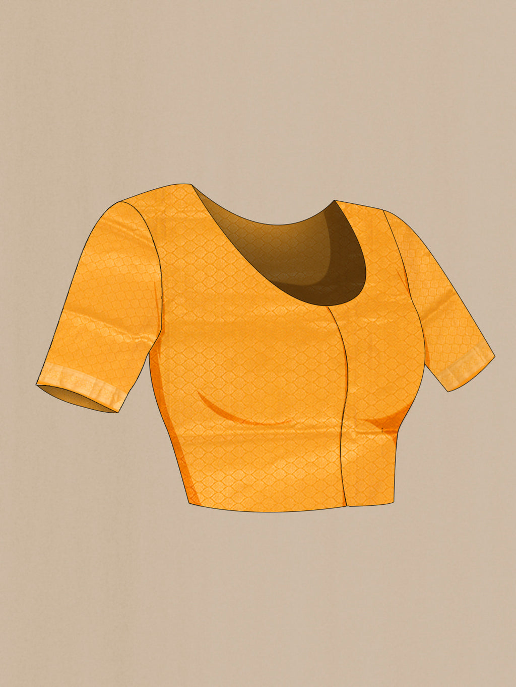 Close up image of the blouse of Mustard Soft Silk Saree with Plain Body and Zari Border. 