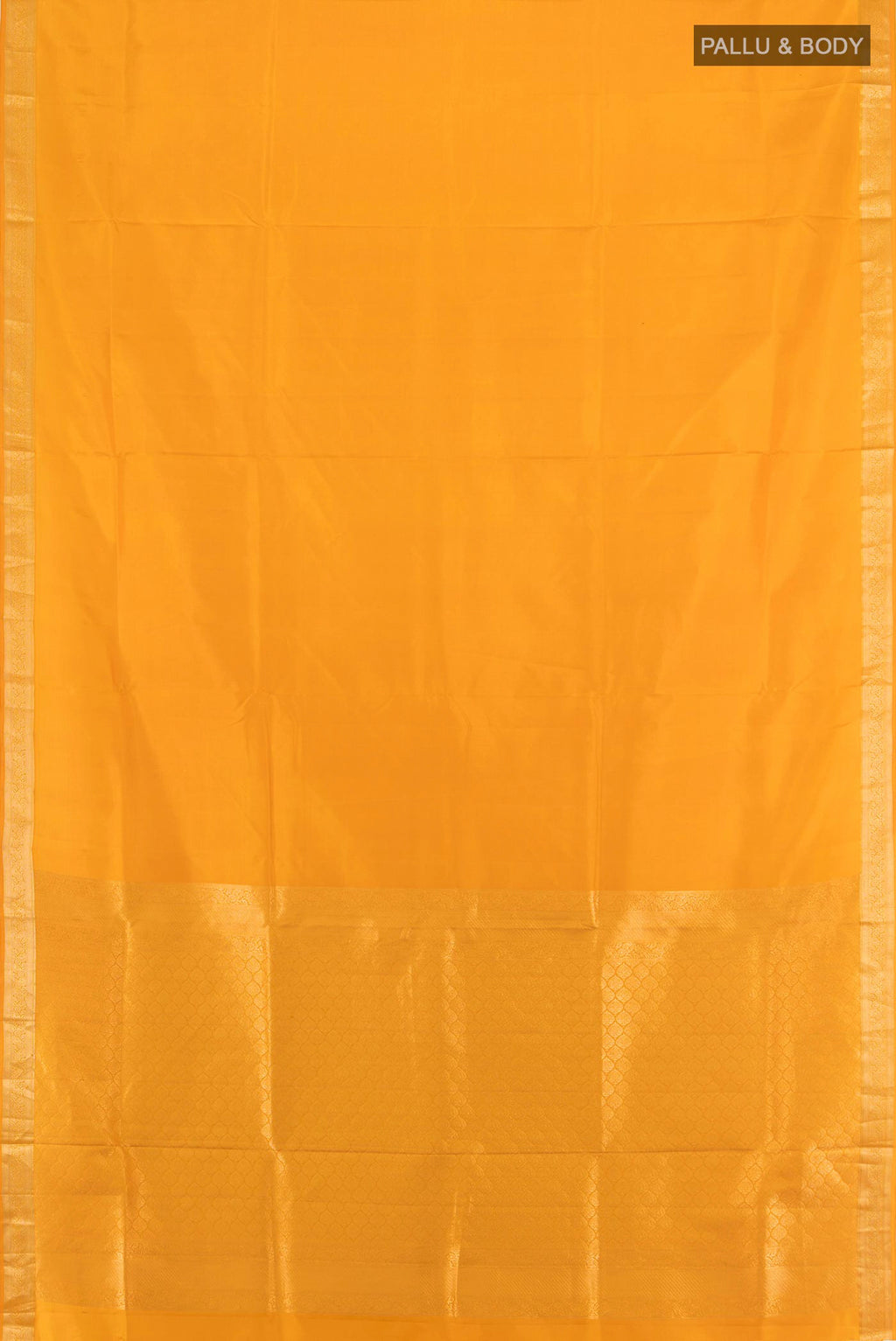 Flat view of Mustard Soft Silk Saree with Plain Body and Zari Border. 