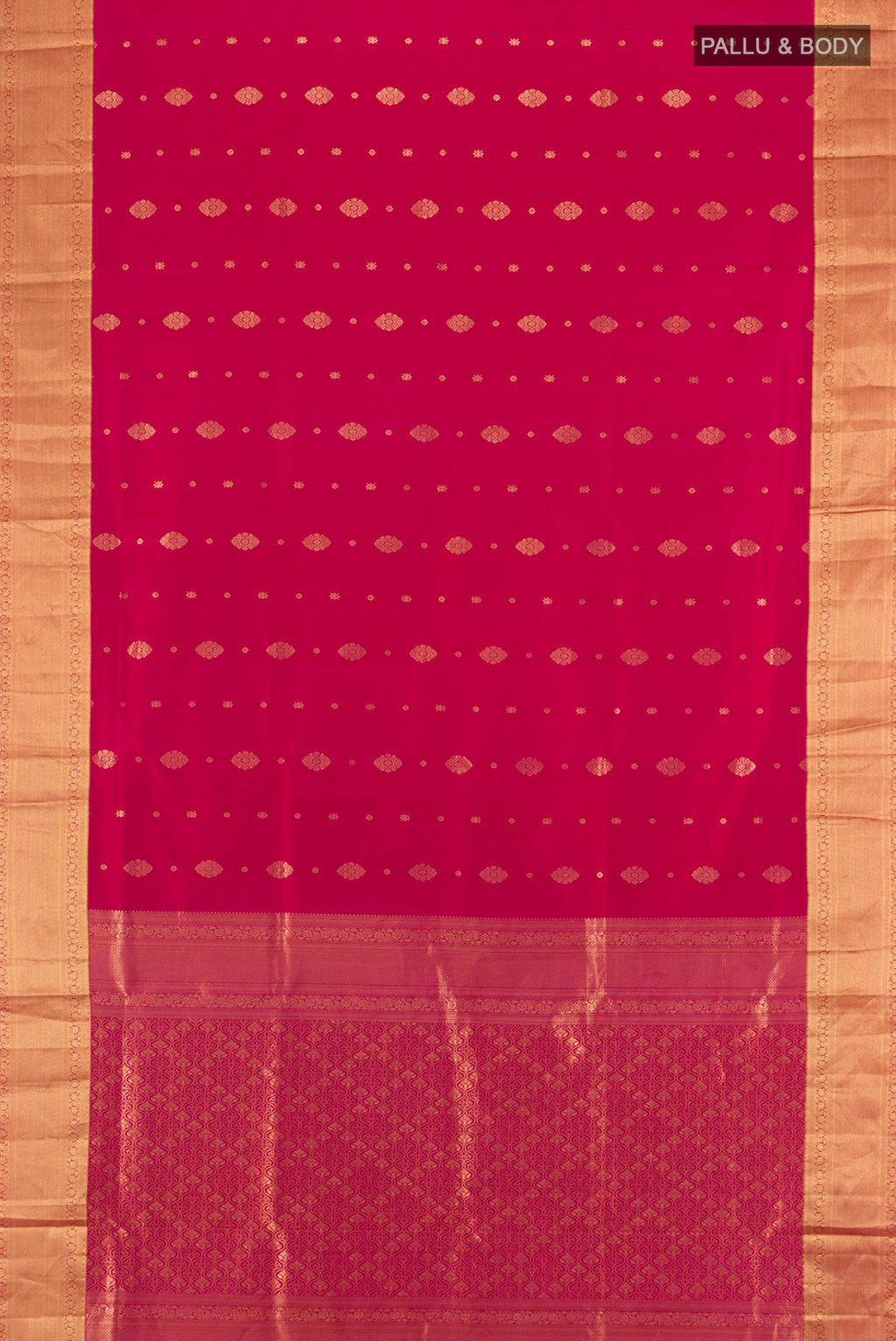 Flat view of Dark Pink Soft Silk Saree with Zari Butta on the body and Zari Border. 