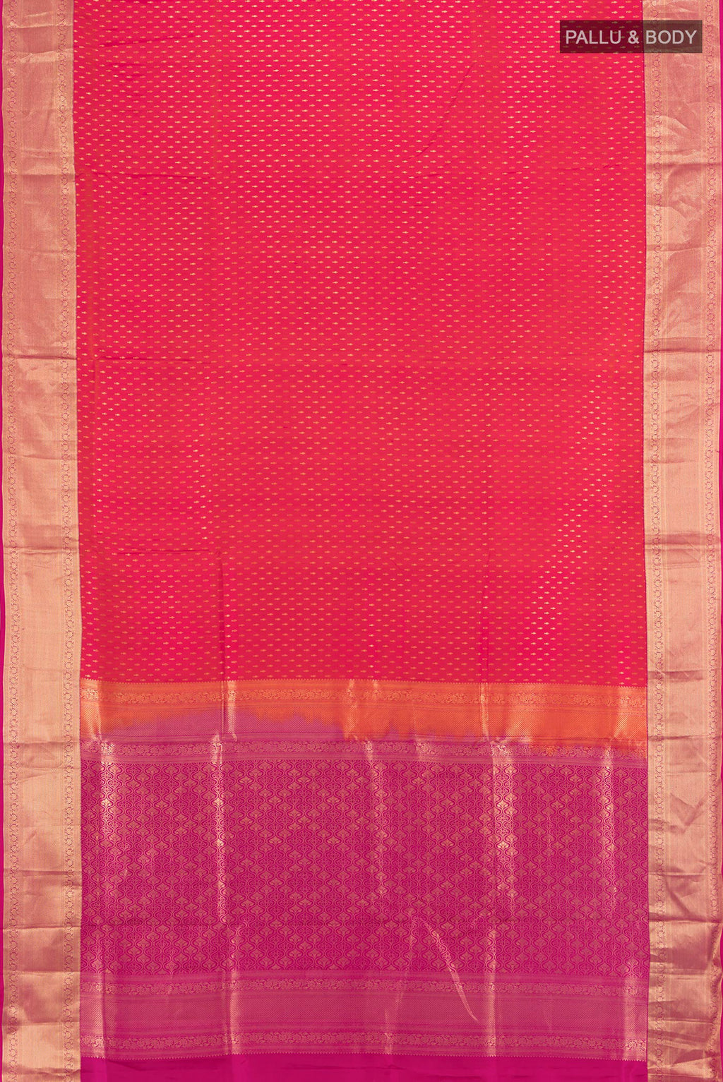 Flat view of Coral Soft Silk Saree with Zari Butta on the body and Zari Border. 
