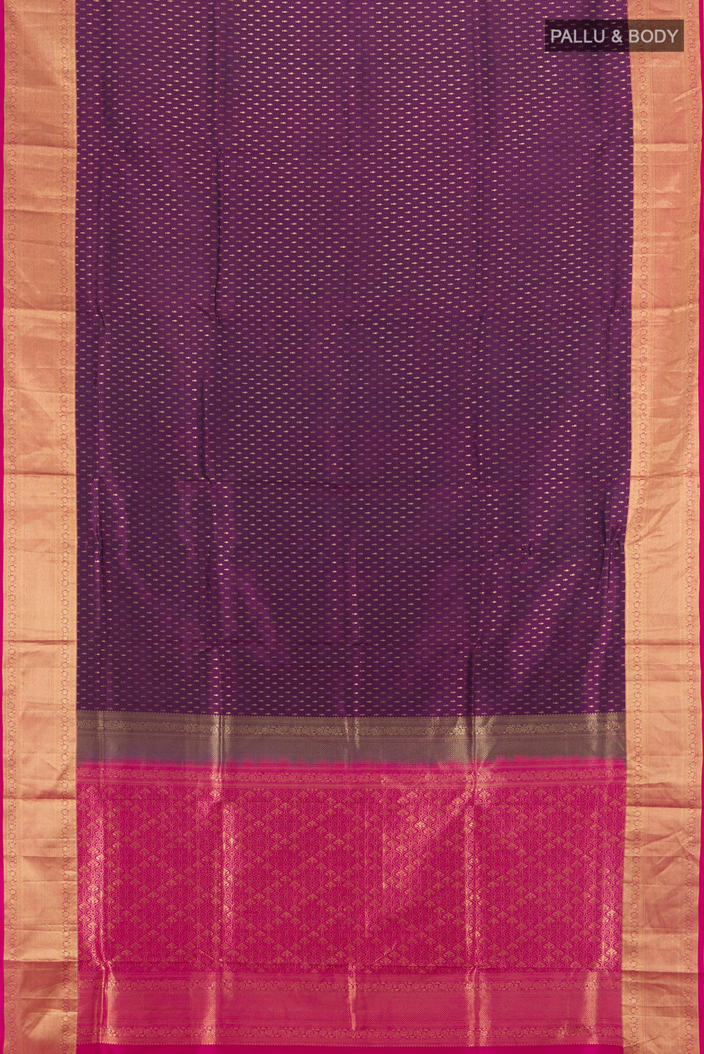 Flat view of Pure Silk Purple Soft Saree with Zari Butta on the body and Zari Border. 