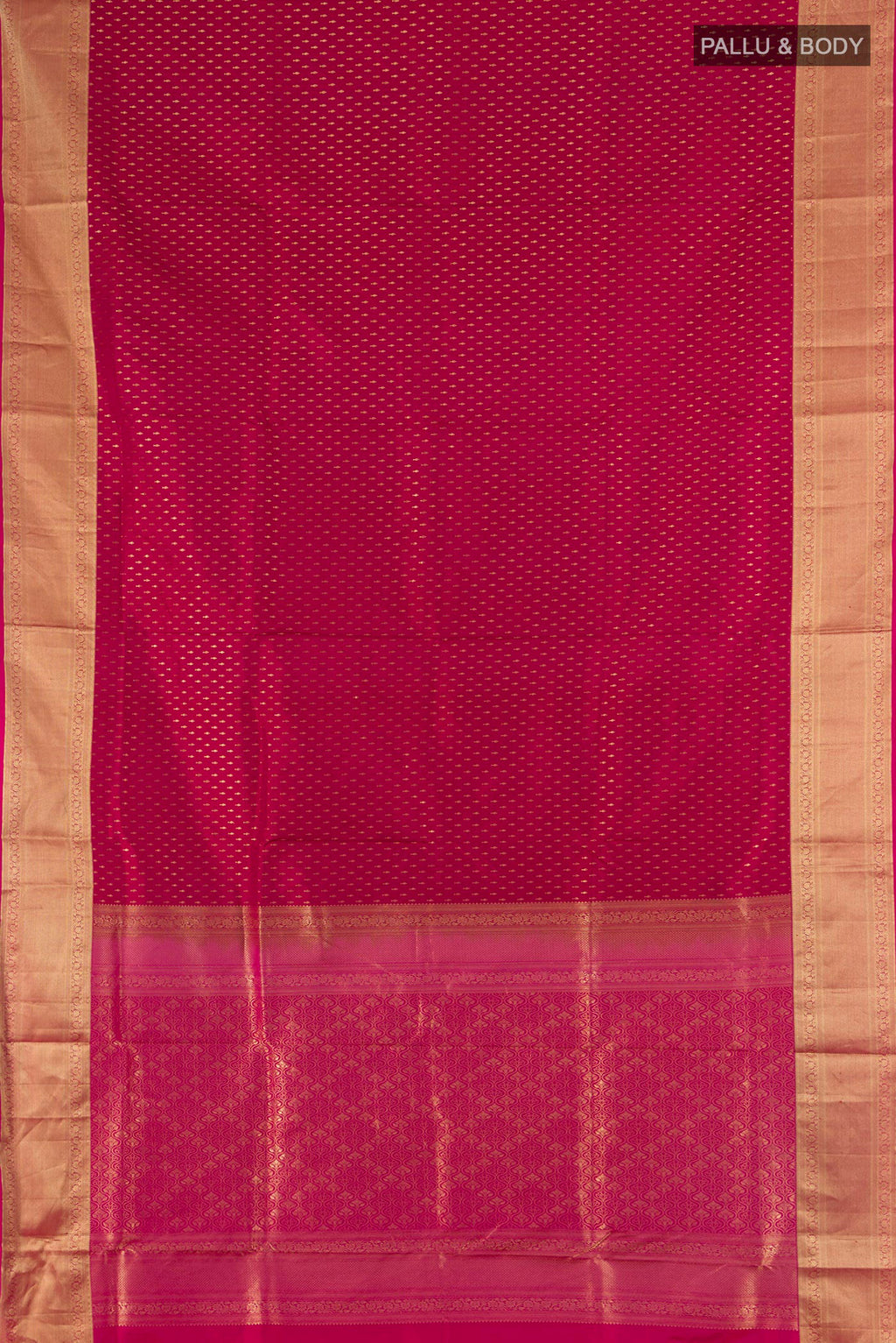 Flat view of Pure Silk Maroon Soft Saree with Zari Butta on the body and Zari Border. 