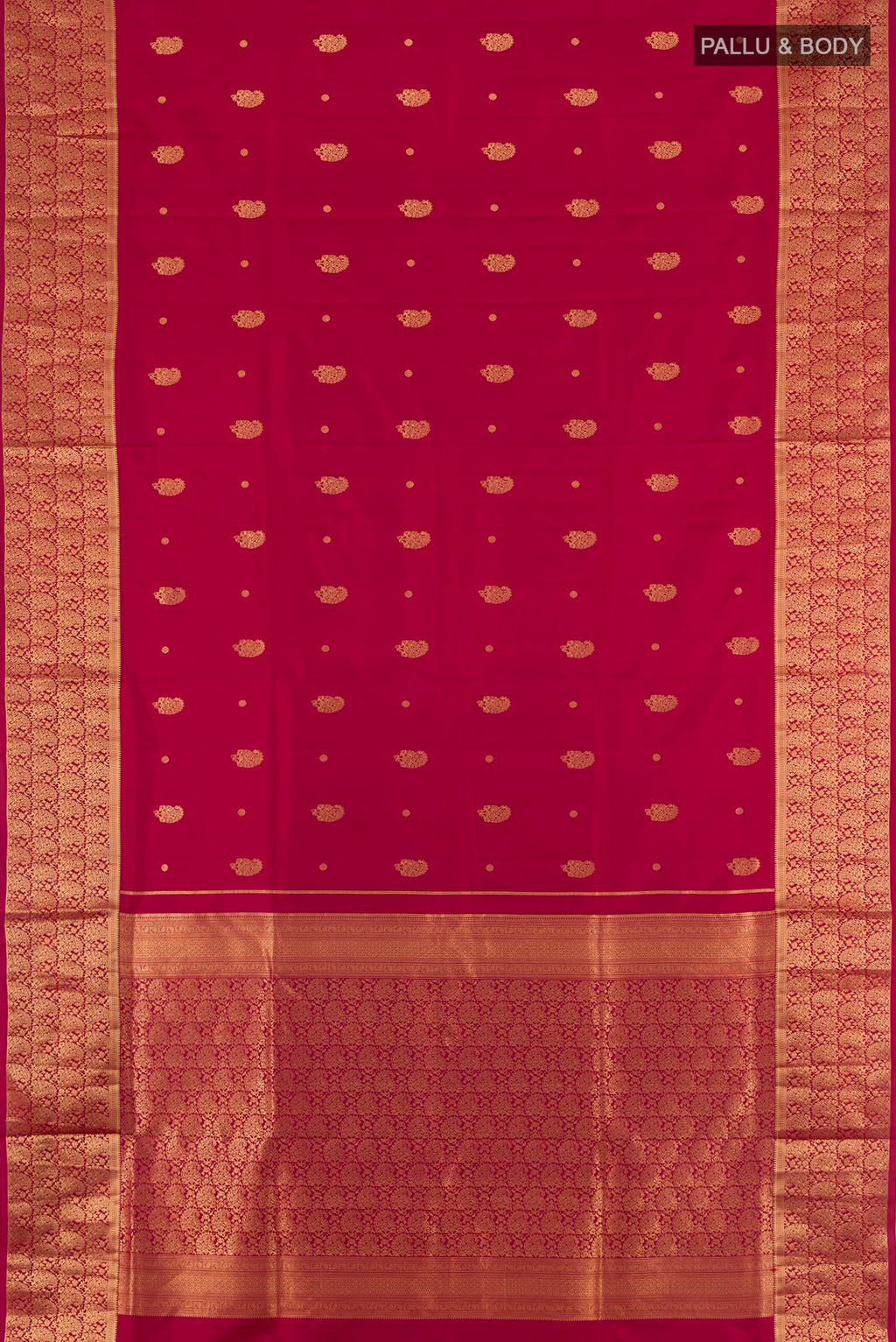 Flat view of Maroon Soft Silk Saree with Zari Butta on the body and Zari Border. 