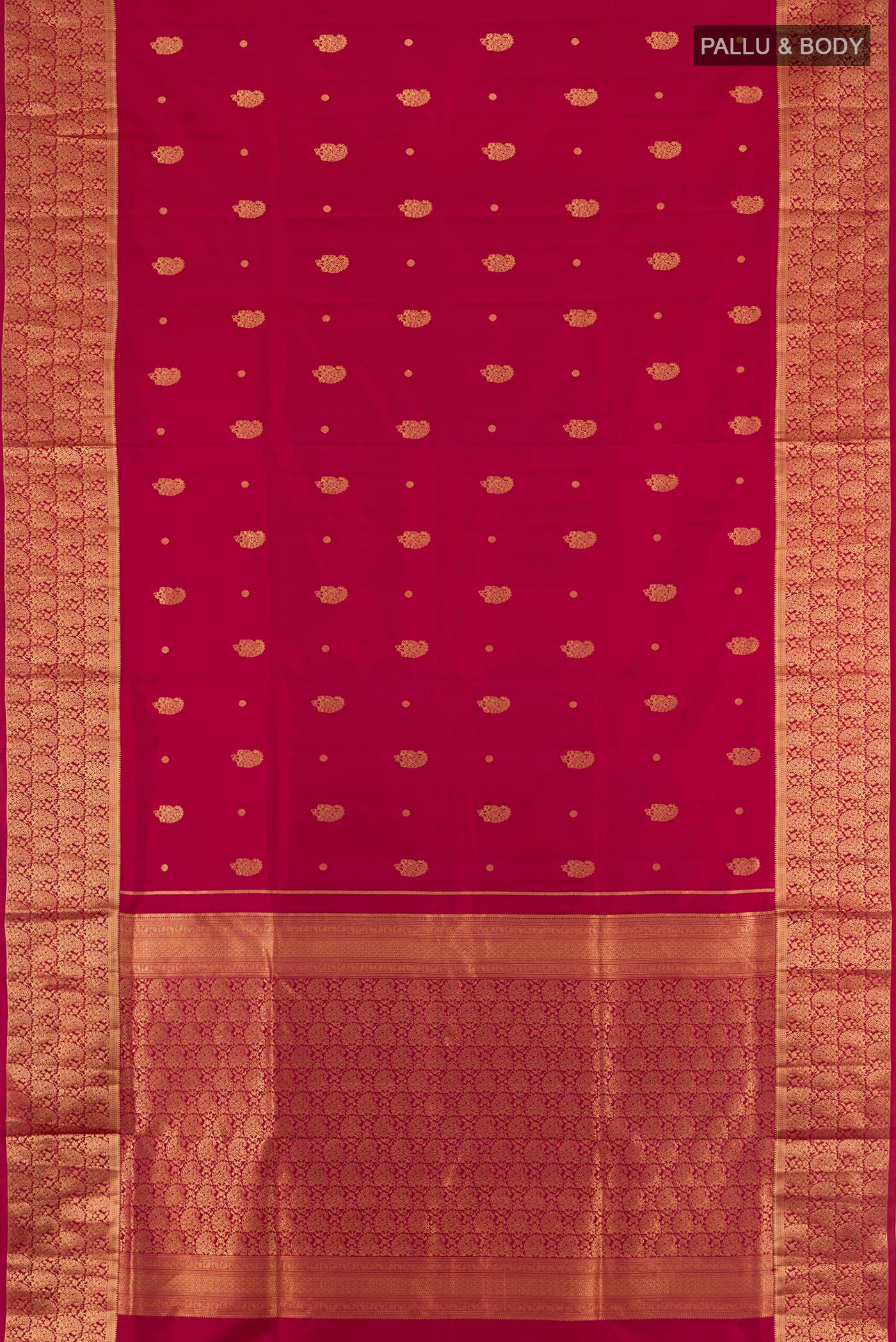 Flat view of Maroon Soft Silk Saree with Zari Butta on the body and Zari Border. 