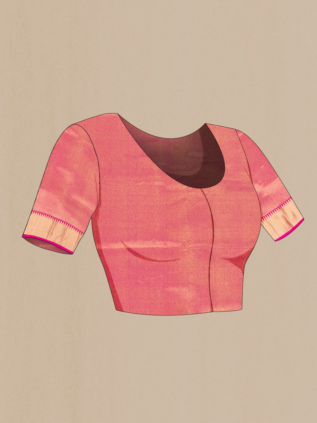 Close up image of the blouse of Pink Kanjivaram Silk Saree with Zari Butta on the body and Zari Border. 