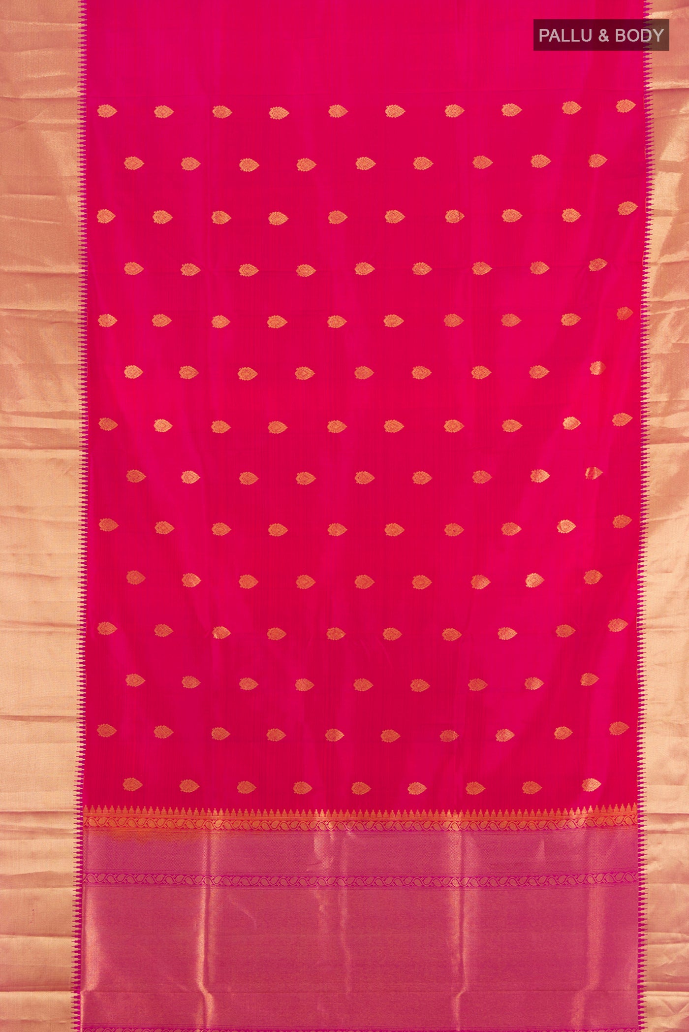 Flat view of Pink Kanjivaram Silk Saree with Zari Butta on the body and Zari Border. 