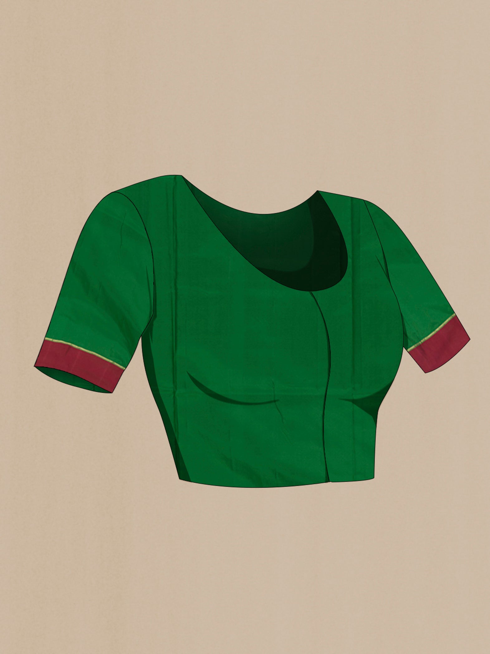 Close up image of the blouse of Green Soft Silk Saree with Zari Butta on the body and Plain Border. 