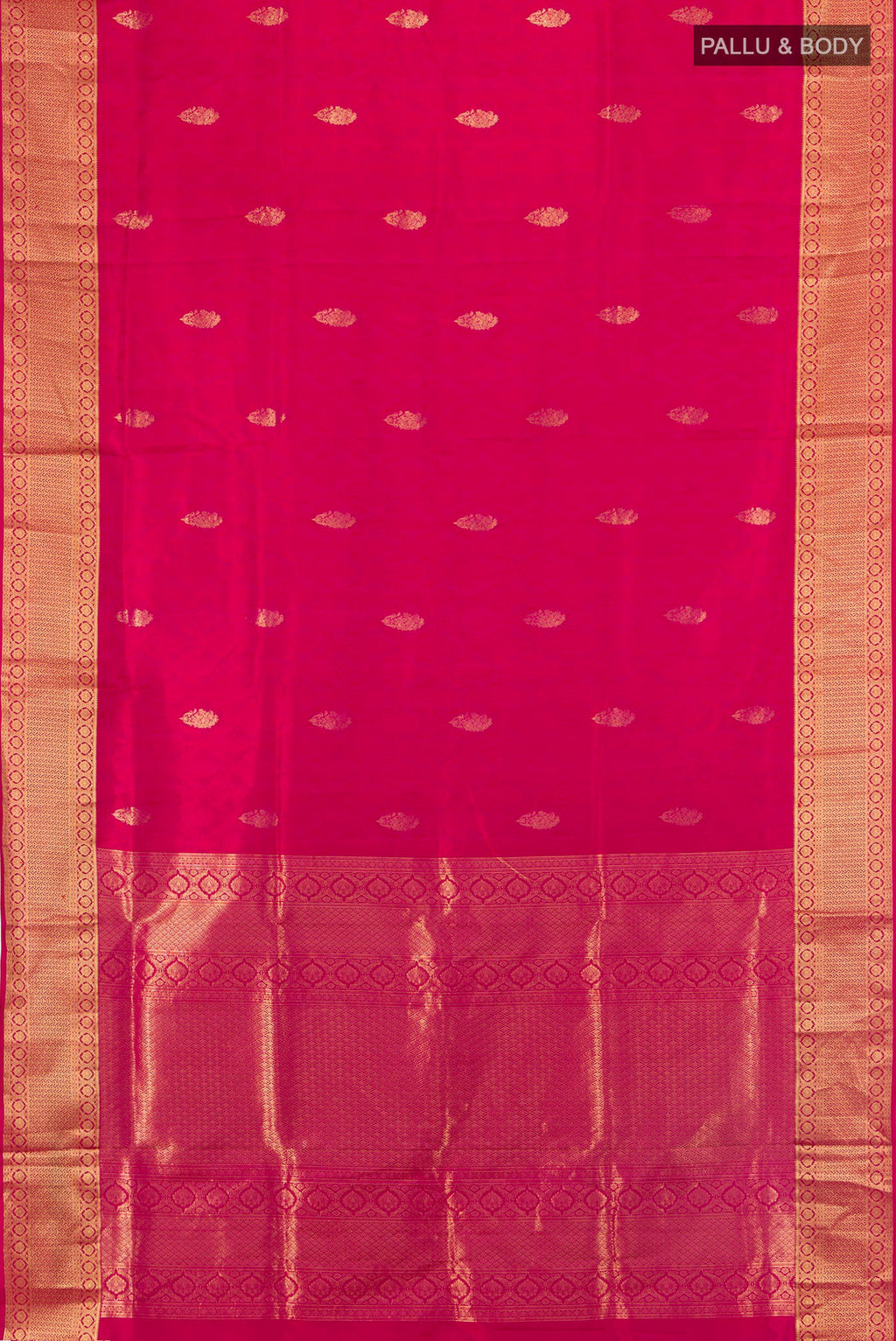 Flat view of Pink Soft Silk Saree with Zari Butta on the body and Zari Border. 