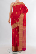 Pure Silk Red Soft Saree with Zari Butta on the body and Zari Border.  displayed on a mannequin