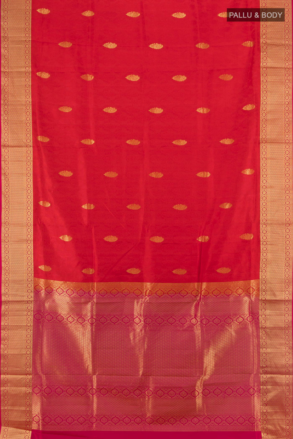 Flat view of Pure Silk Red Soft Saree with Zari Butta on the body and Zari Border. 
