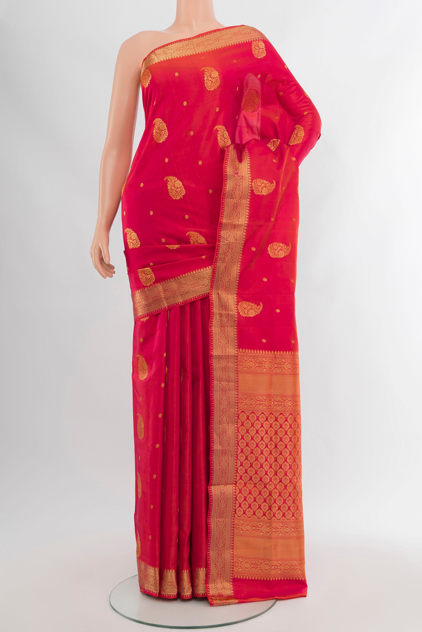 Pink Dual Tone Soft Silk Saree with Zari Butta on the body and Zari Border.  displayed on a mannequin