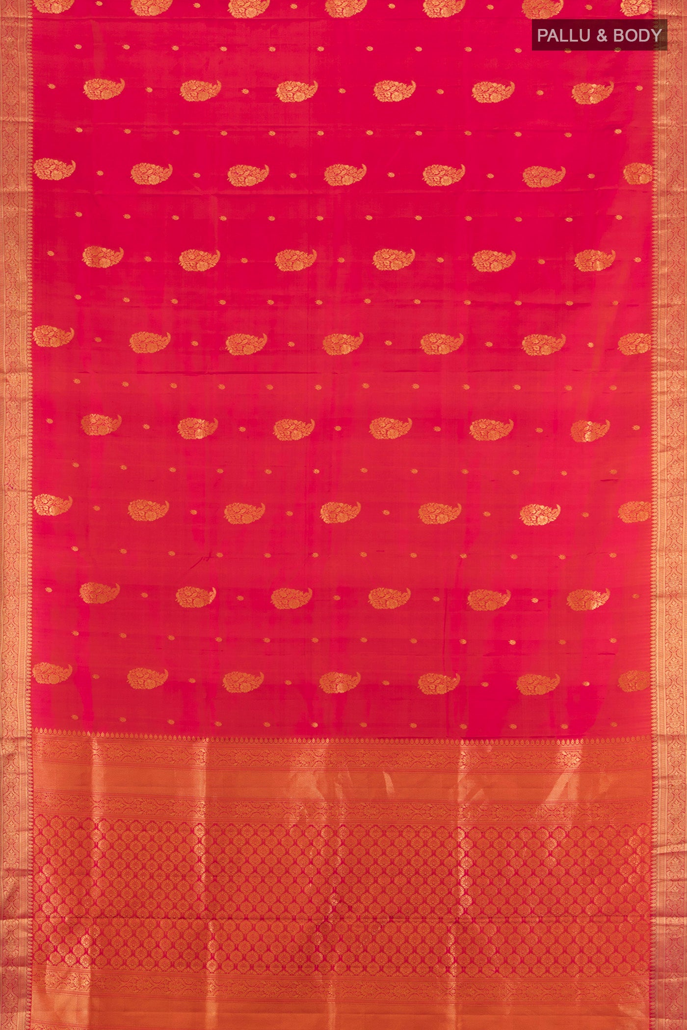 Flat view of Pink Dual Tone Soft Silk Saree with Zari Butta on the body and Zari Border. 