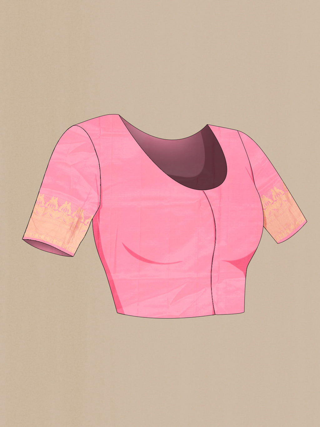 Close up image of the blouse of Rose pink Soft Silk Saree with Zari Butta on the body and Fancy Border. 