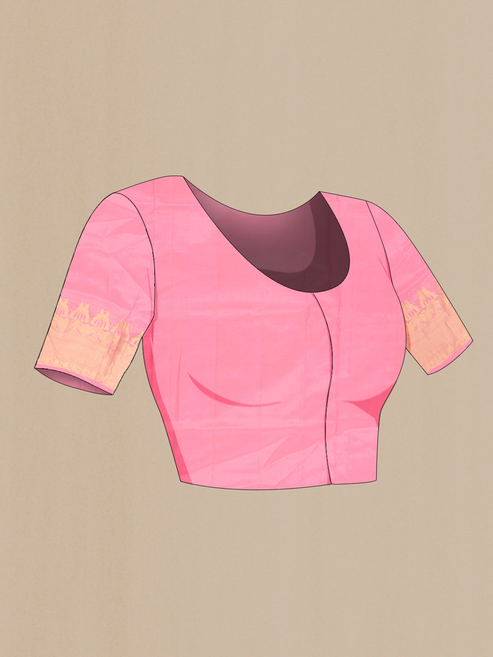 Close up image of the blouse of Rose pink Soft Silk Saree with Zari Butta on the body and Fancy Border. 
