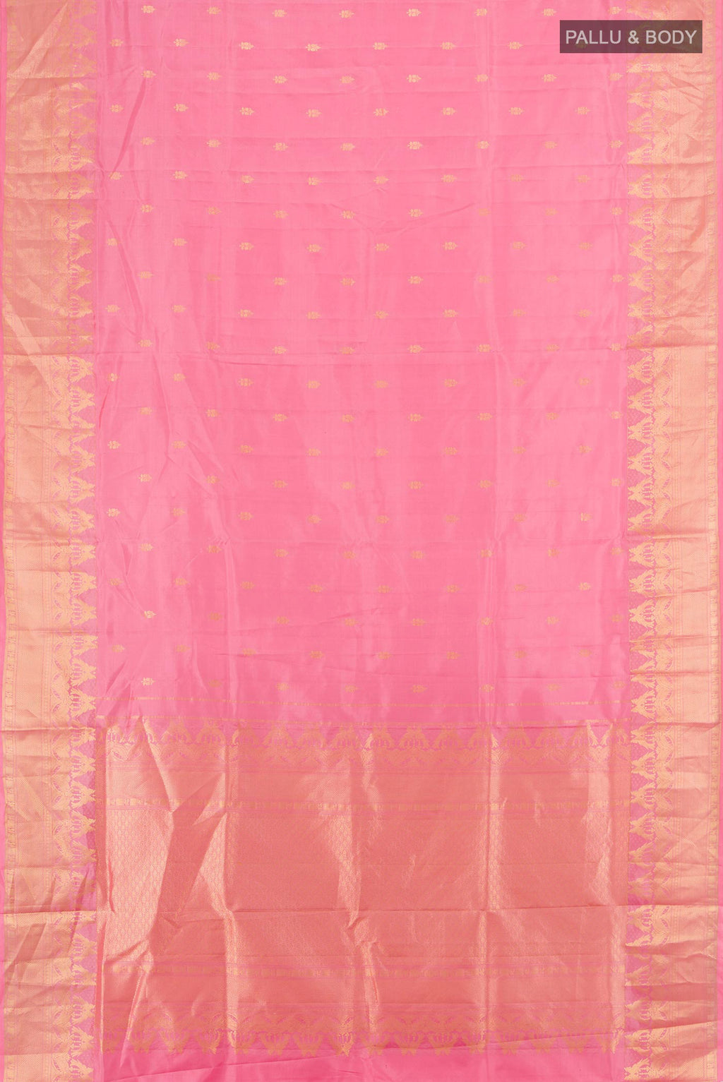 Flat view of Rose pink Soft Silk Saree with Zari Butta on the body and Fancy Border. 