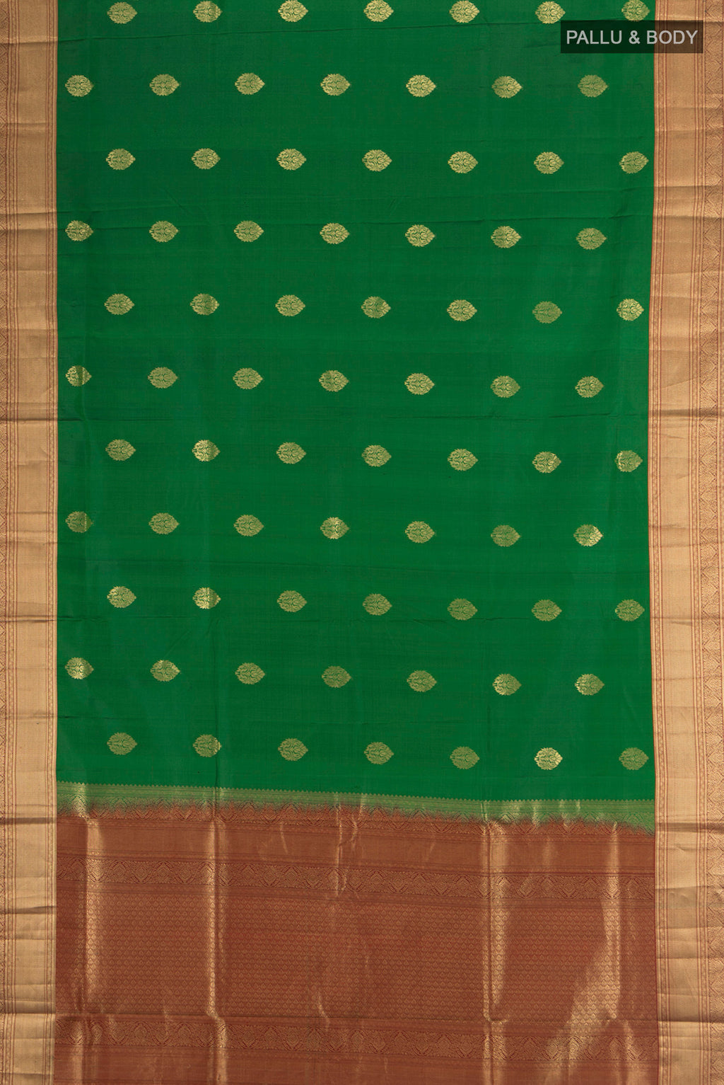 Flat view of Green Soft Silk Saree with Zari Butta on the body and Zari Border. 