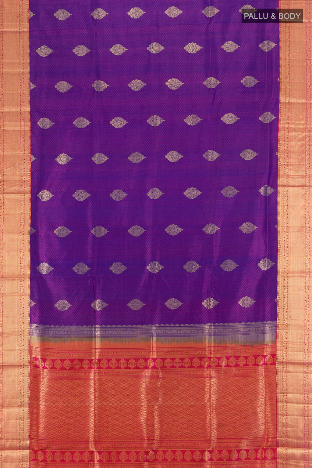 Flat view of Purple Soft Silk Saree with Jacquard With Zari Butta on the body and Zari Border. 