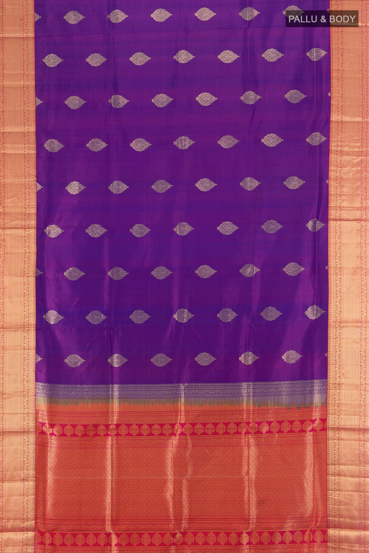 Flat view of Purple Soft Silk Saree with Jacquard With Zari Butta on the body and Zari Border. 