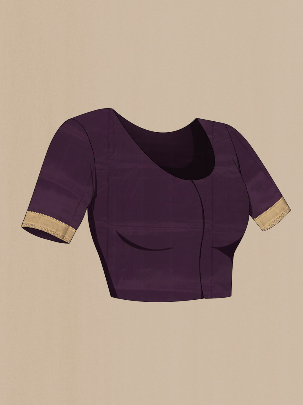 Close up image of the blouse of Violet Soft Silk Saree with Zari Butta on the body and Zari Border. 