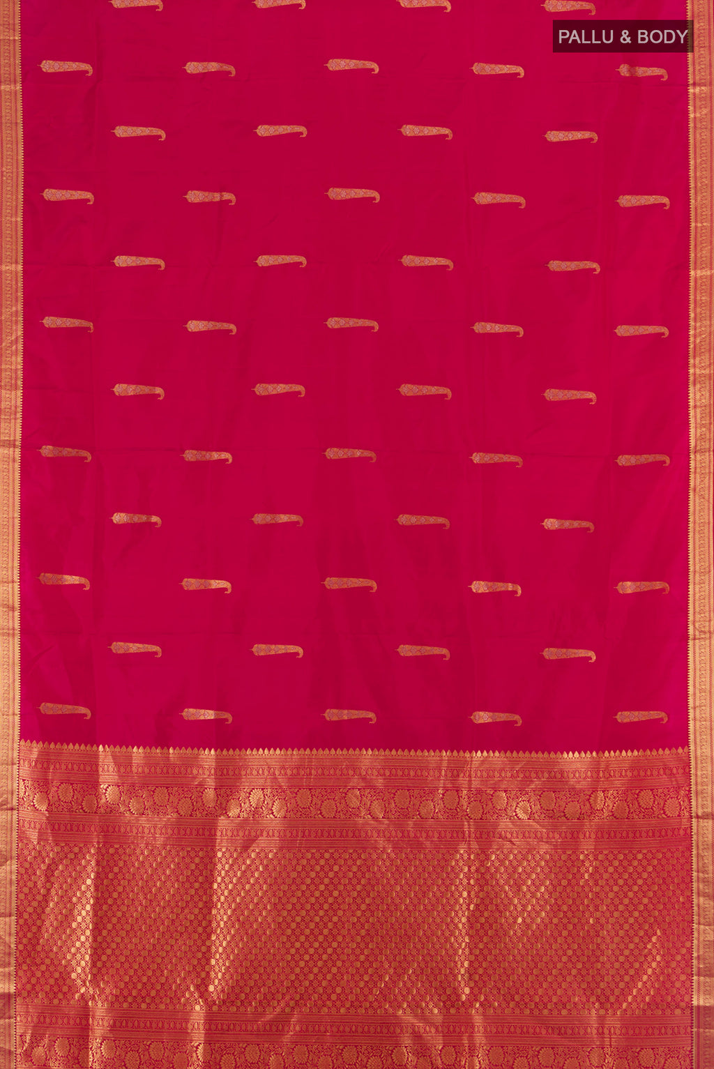 Flat view of Pink Soft Silk Saree with Zari Butta on the body and Zari Border. 