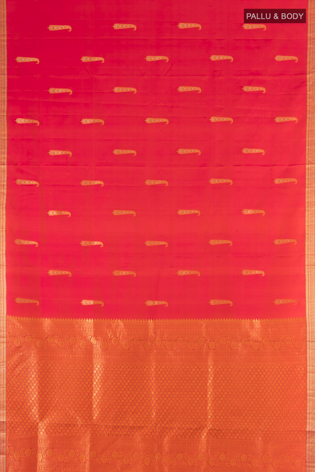 Flat view of Pink with orange Color Soft Silk Saree with Zari Butta on the body and Zari Border. 
