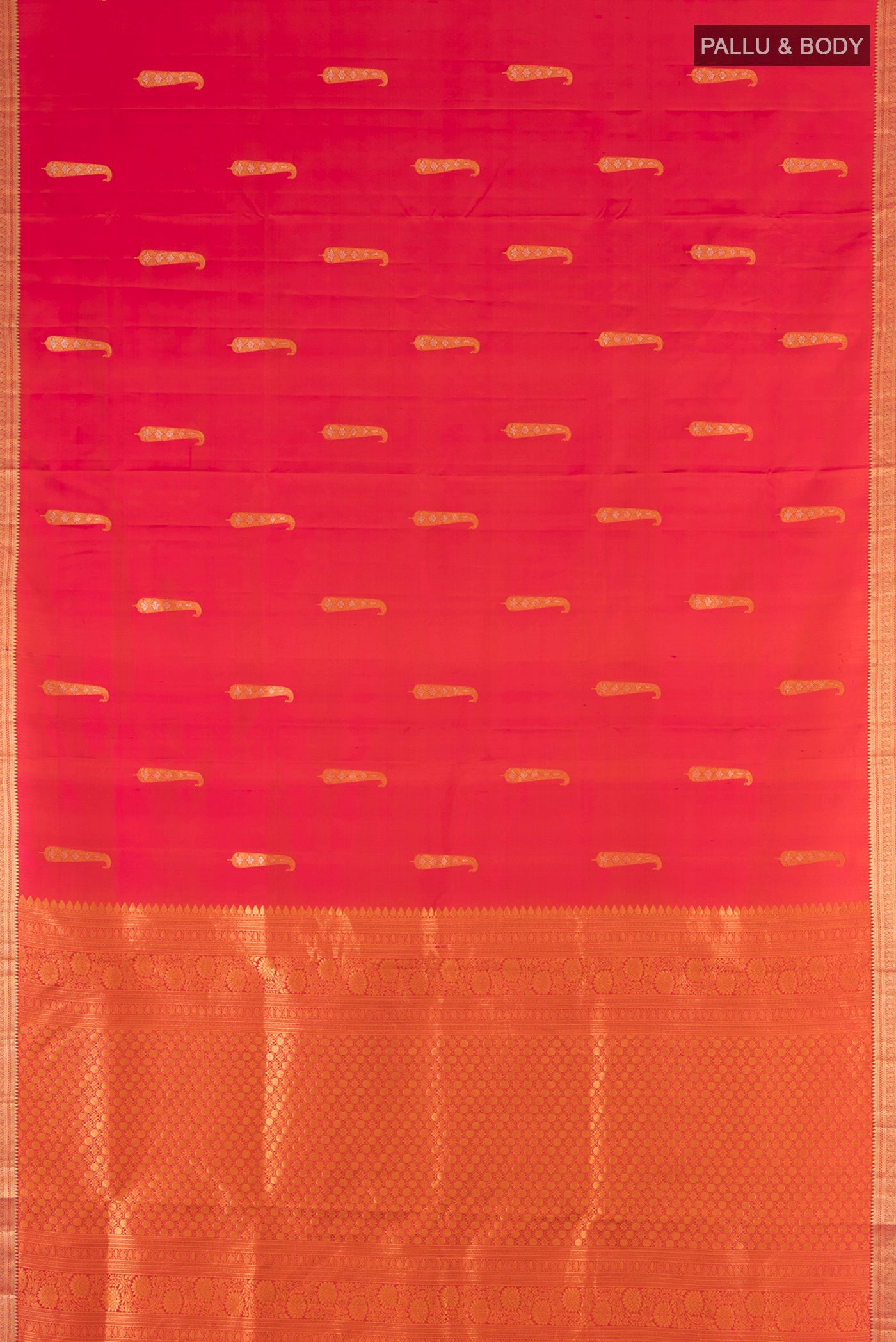 Flat view of Pink with orange Color Soft Silk Saree with Zari Butta on the body and Zari Border. 