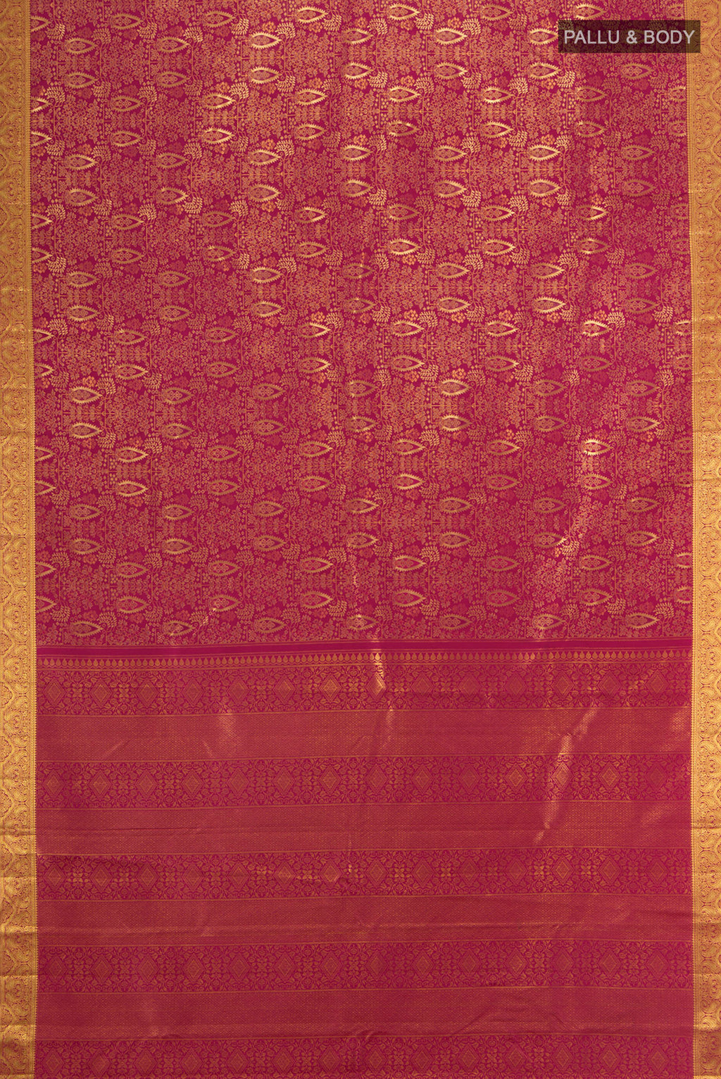 Flat view of Dark Pink Kanchipuram Silk Saree with Zari Brocade on the body and Zari Border. 