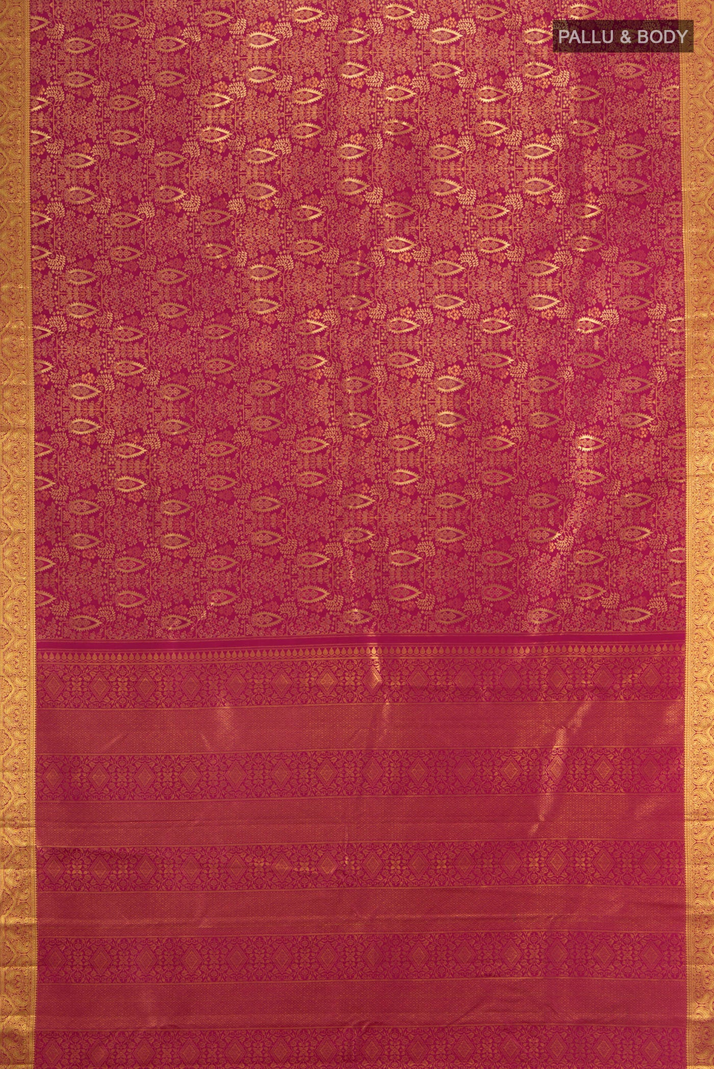 Flat view of Dark Pink Kanchipuram Silk Saree with Zari Brocade on the body and Zari Border. 