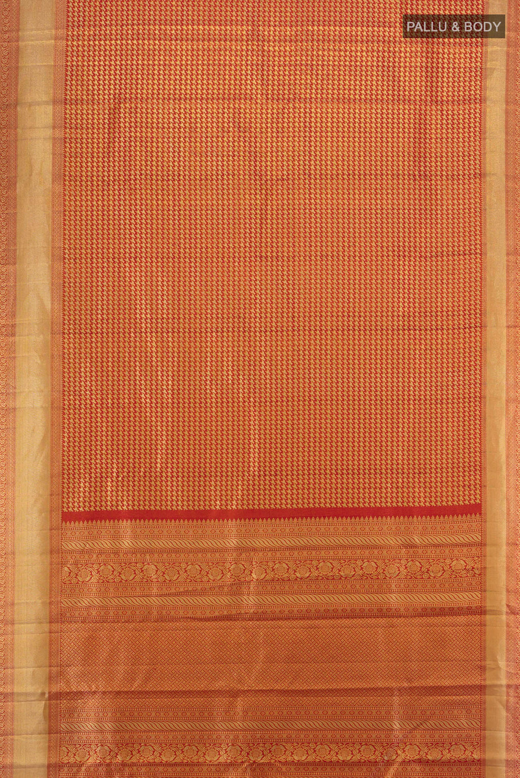 Flat view of Red Kanjivaram Tissue Silk Saree with Zari Brocade on the body and Zari Border. 
