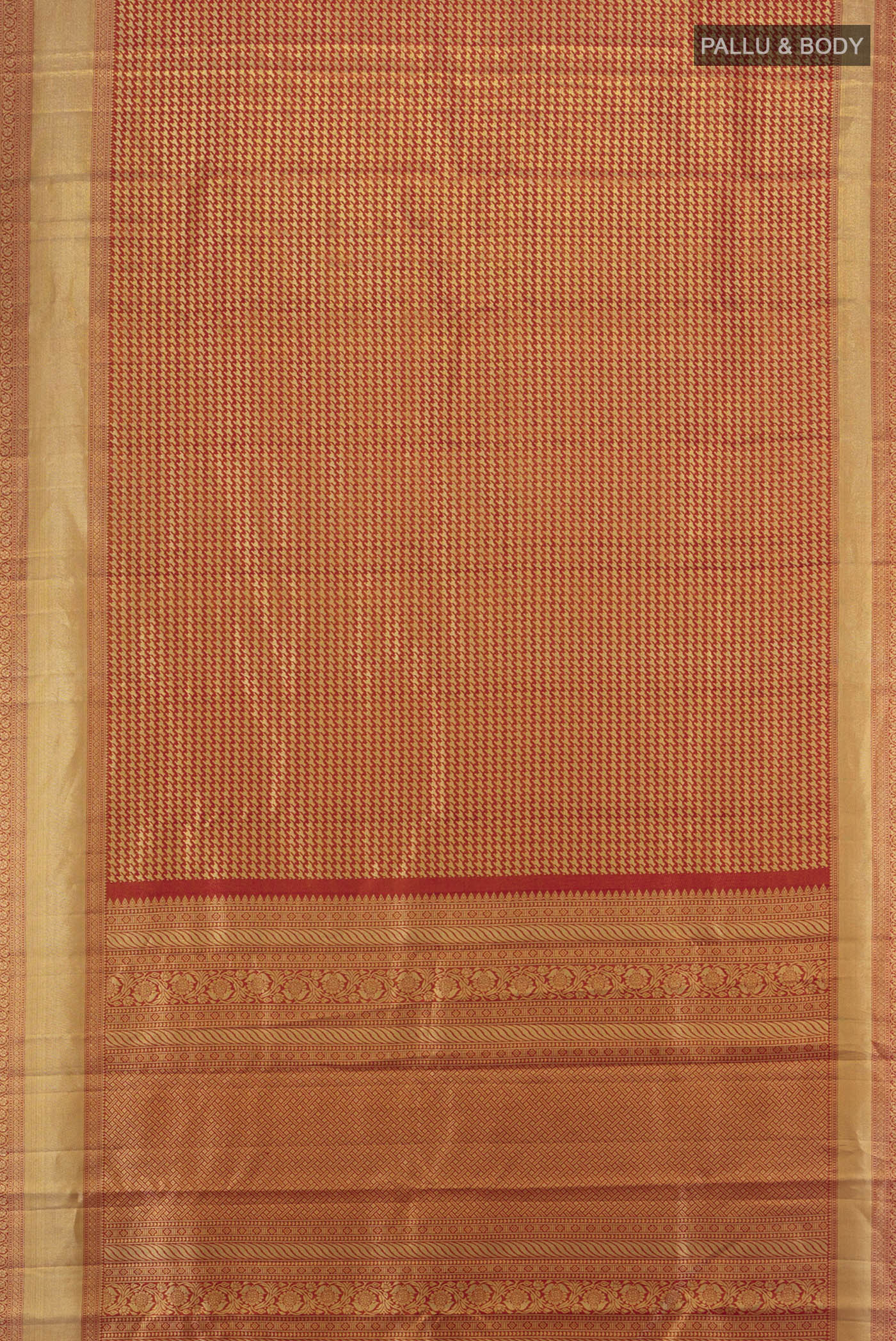 Flat view of Red Kanjivaram Tissue Silk Saree with Zari Brocade on the body and Zari Border. 