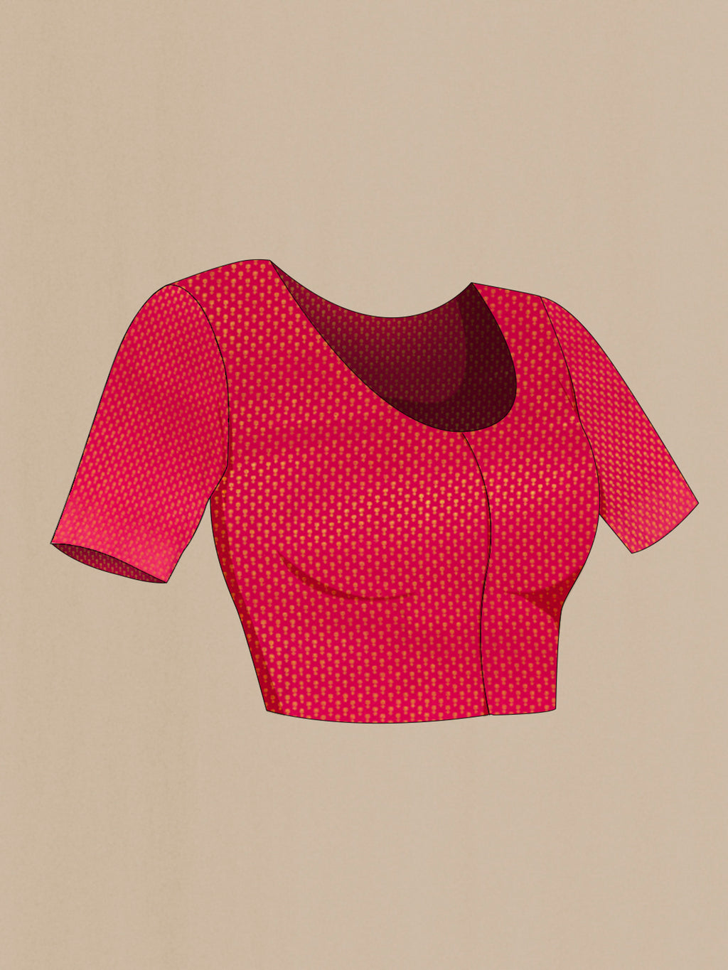 Close up image of the blouse of Pure Silk Dark Pink Kanjivaram Saree with Zari Brocade on the body and Zari Border. 