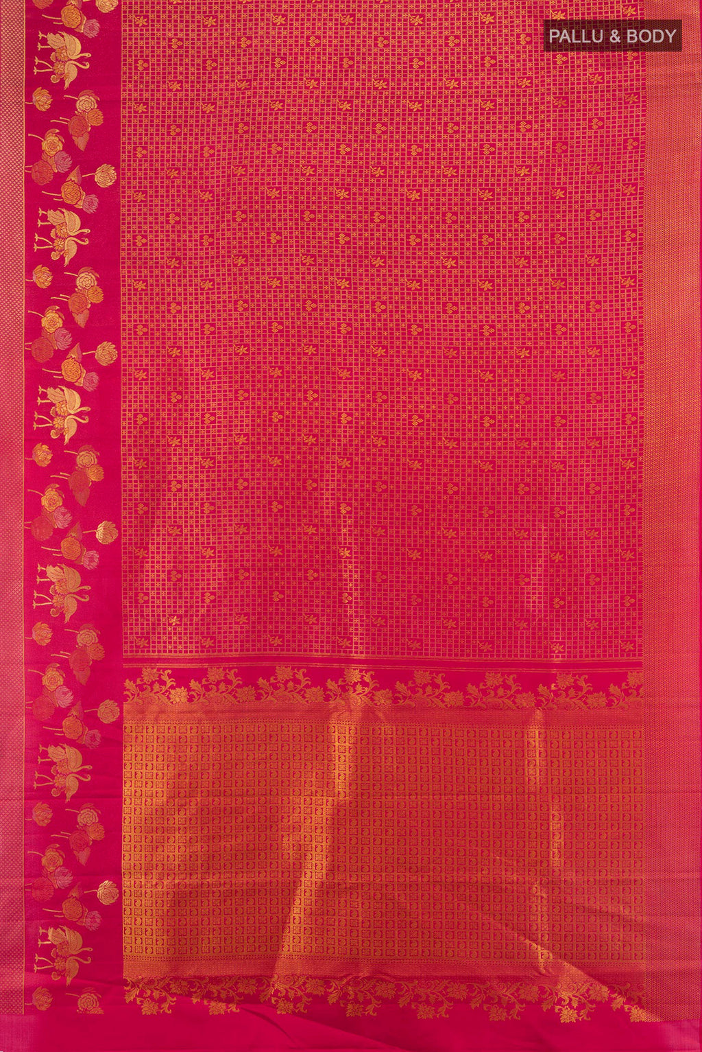 Flat view of Pure Silk Dark Pink Kanjivaram Saree with Zari Brocade on the body and Zari Border. 
