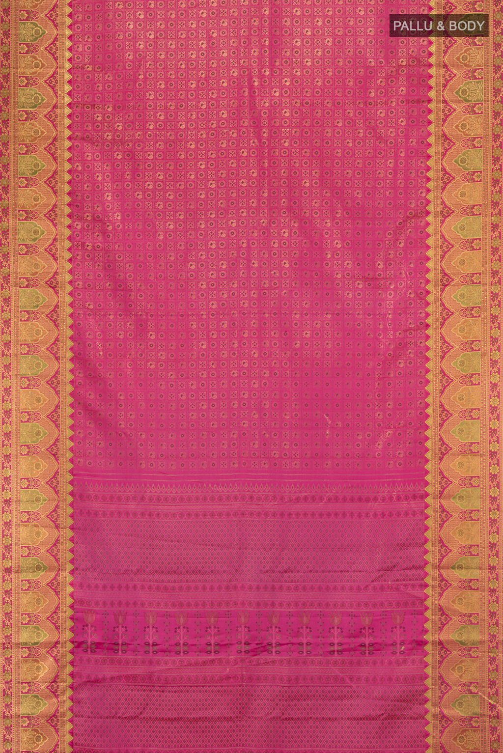 Flat view of Pink Kanjivaram Silk Saree with Zari Brocade on the body and Zari Border. 