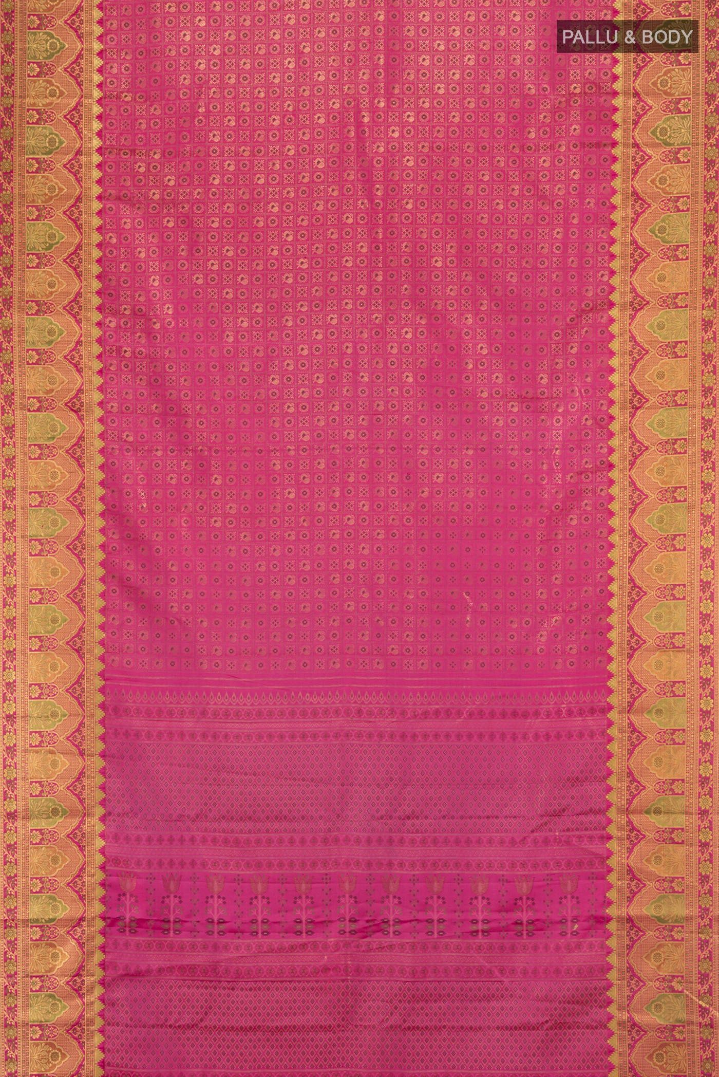 Flat view of Pink Kanjivaram Silk Saree with Zari Brocade on the body and Zari Border. 
