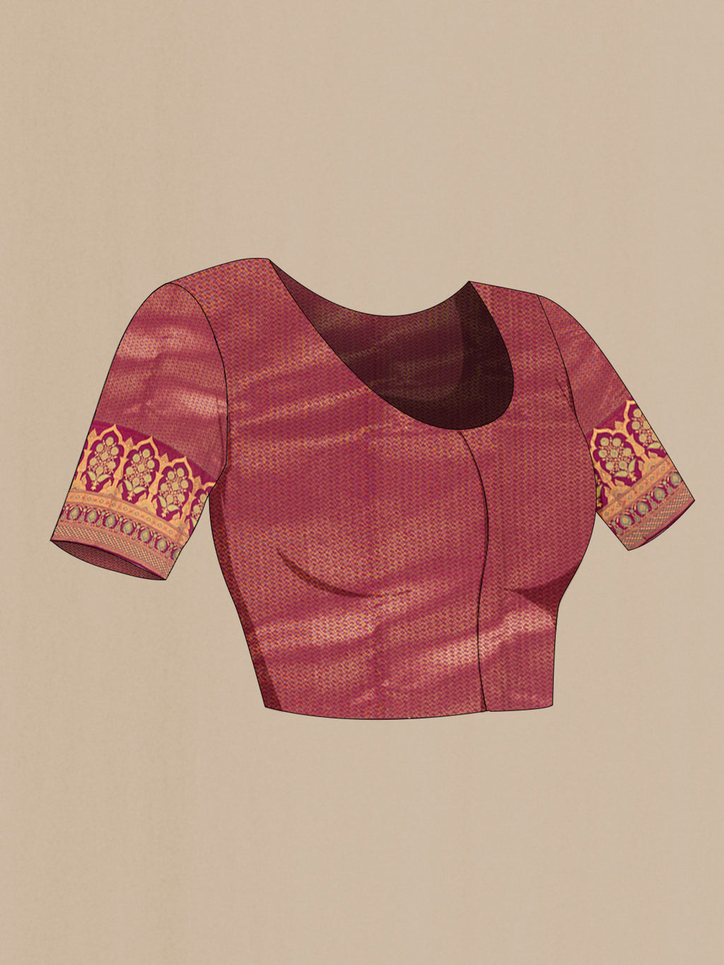 Close up image of the blouse of Pure Silk Magenta Kanjivaram Saree with Zari Brocade on the body and Zari Border. 
