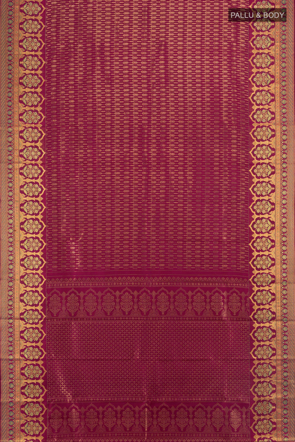 Flat view of Pure Silk Magenta Kanjivaram Saree with Zari Brocade on the body and Zari Border. 